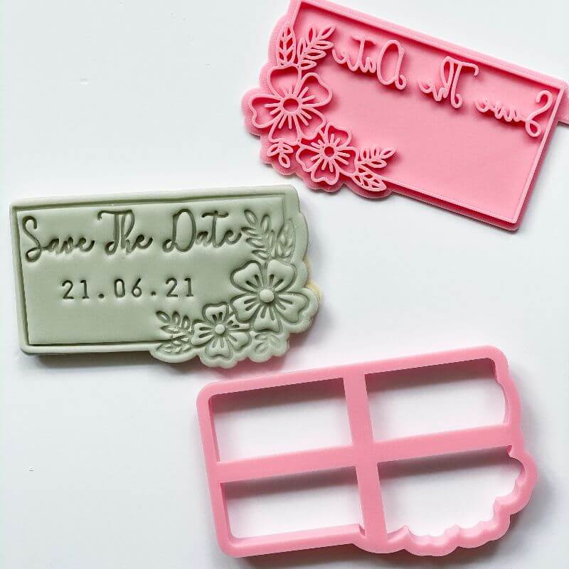 Save the Date in Rectangle with Flowers Wedding Cookie Cutter and Stamp