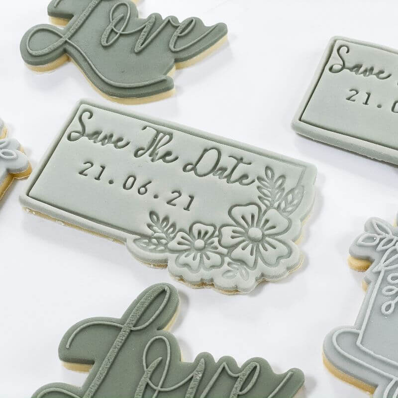 Save the Date in Rectangle with Flowers Wedding Cookie Cutter and Stamp