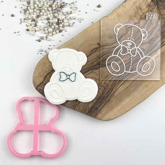 Male Sitting Teddy Bear with Bow Baby Shower Cookie Cutter and Embosser