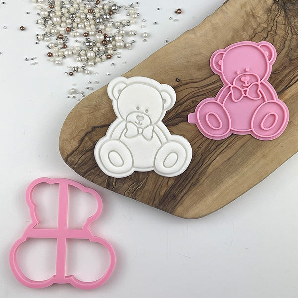 Male Sitting Teddy Bear with Bow Baby Shower Cookie Cutter and Stamp