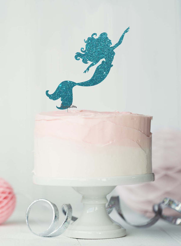 Mermaid Birthday Cake Topper Glitter Card Light Blue