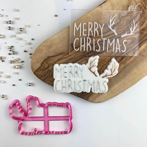 Merry Christmas with Antlers Cookie Cutter and Embosser