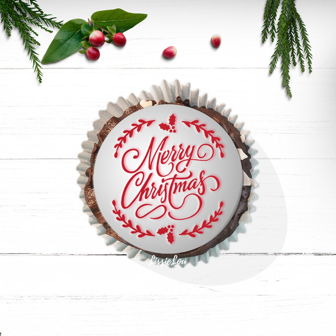 Merry Christmas Wreath Cupcake Stencil - Cupcake Size Design