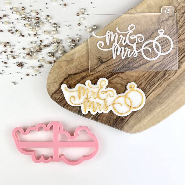 Mr & Mrs Elegant Script with Wedding Rings Cookie Cutter and Embosser