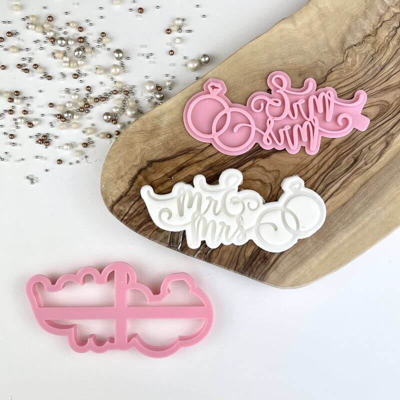 Mr & Mrs Elegant Script with Wedding Rings Cookie Cutter and Stamp