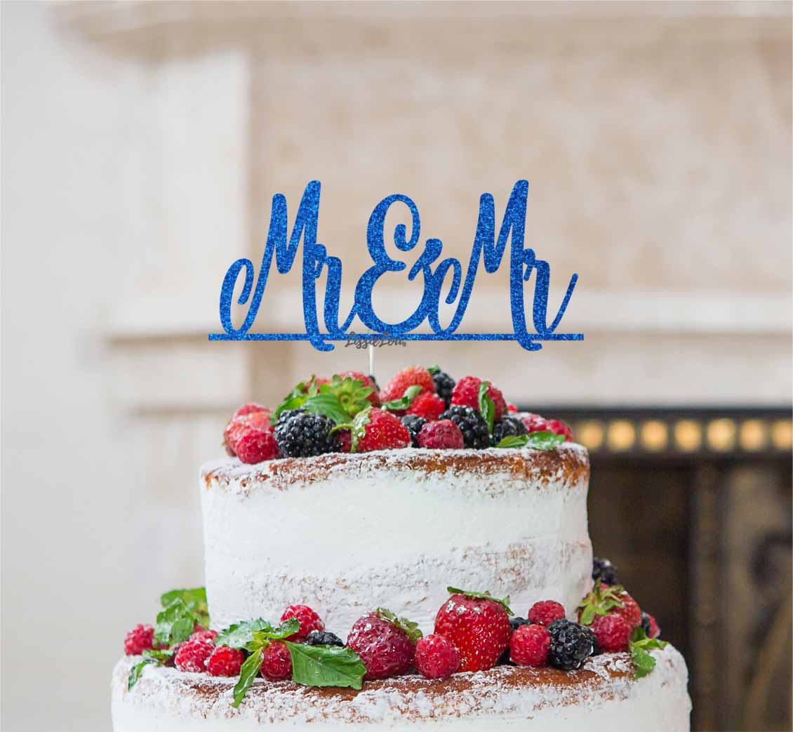 Mr and Mr Line Same Sex Wedding Cake Topper Glitter Card Dark Blue