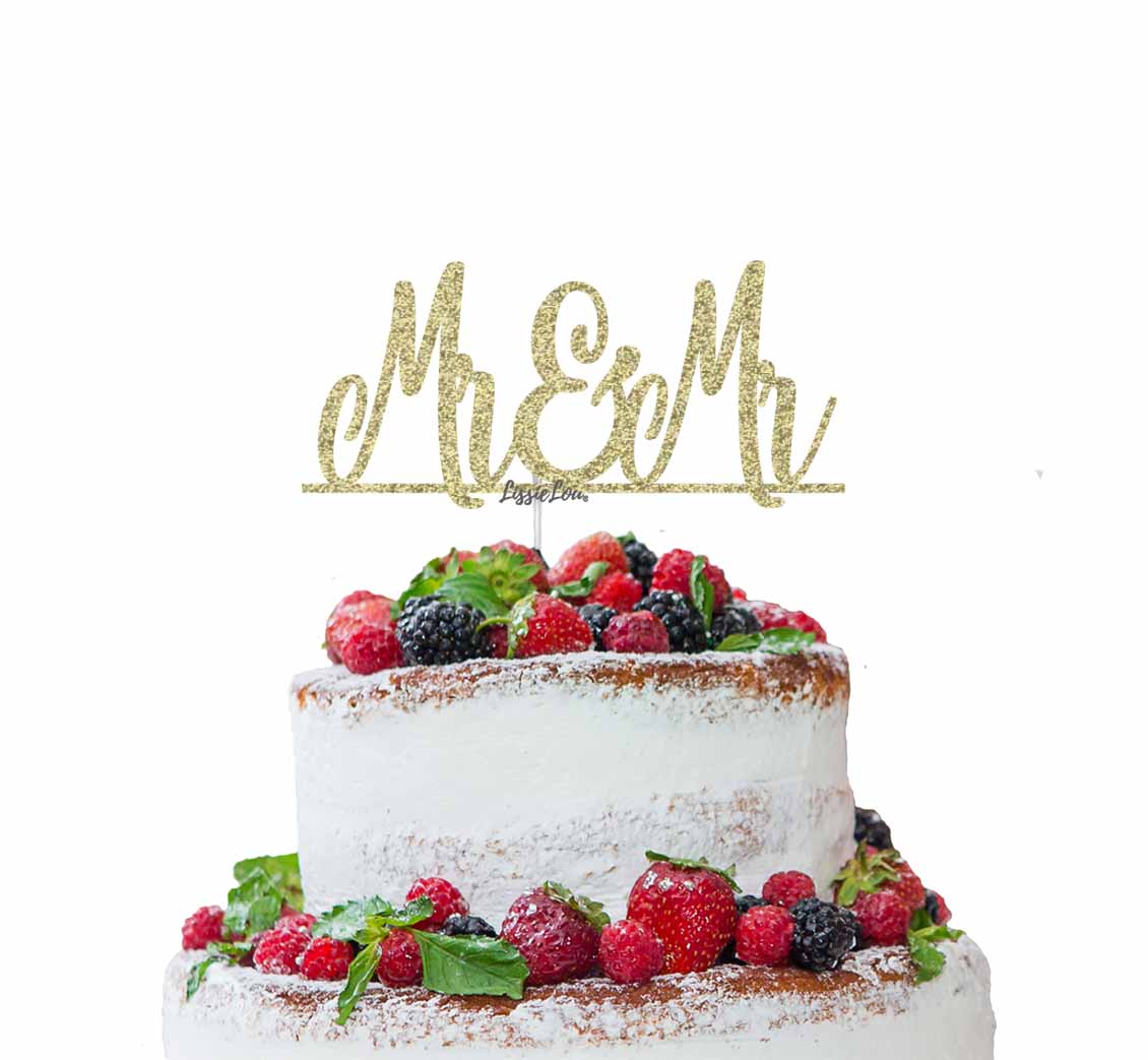 Mr and Mr Line Same Sex Wedding Cake Topper Glitter Card Gold