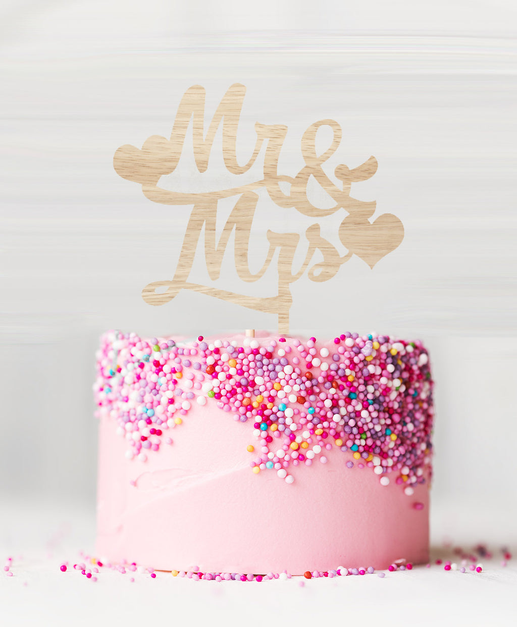 Mr and Mrs with Hearts Birch Wood Cake Topper 