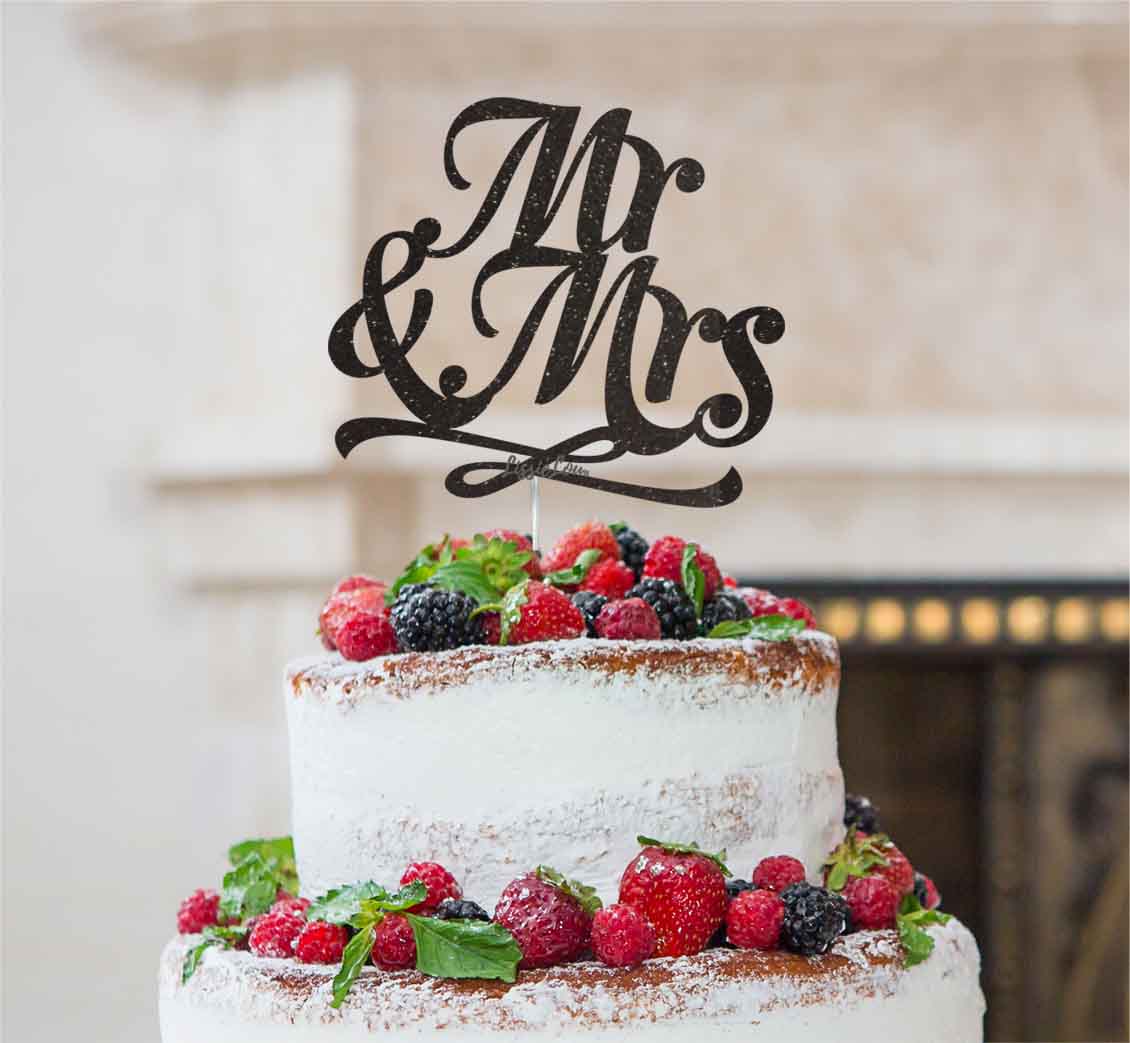 Mr and Mrs Swirly Cake Topper Glitter Card Black