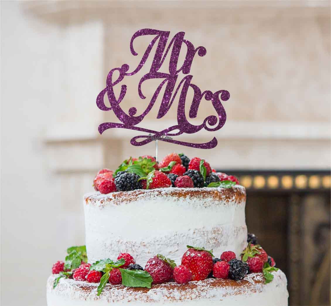 Mr and Mrs Swirly Cake Topper Glitter Card Dark Purple