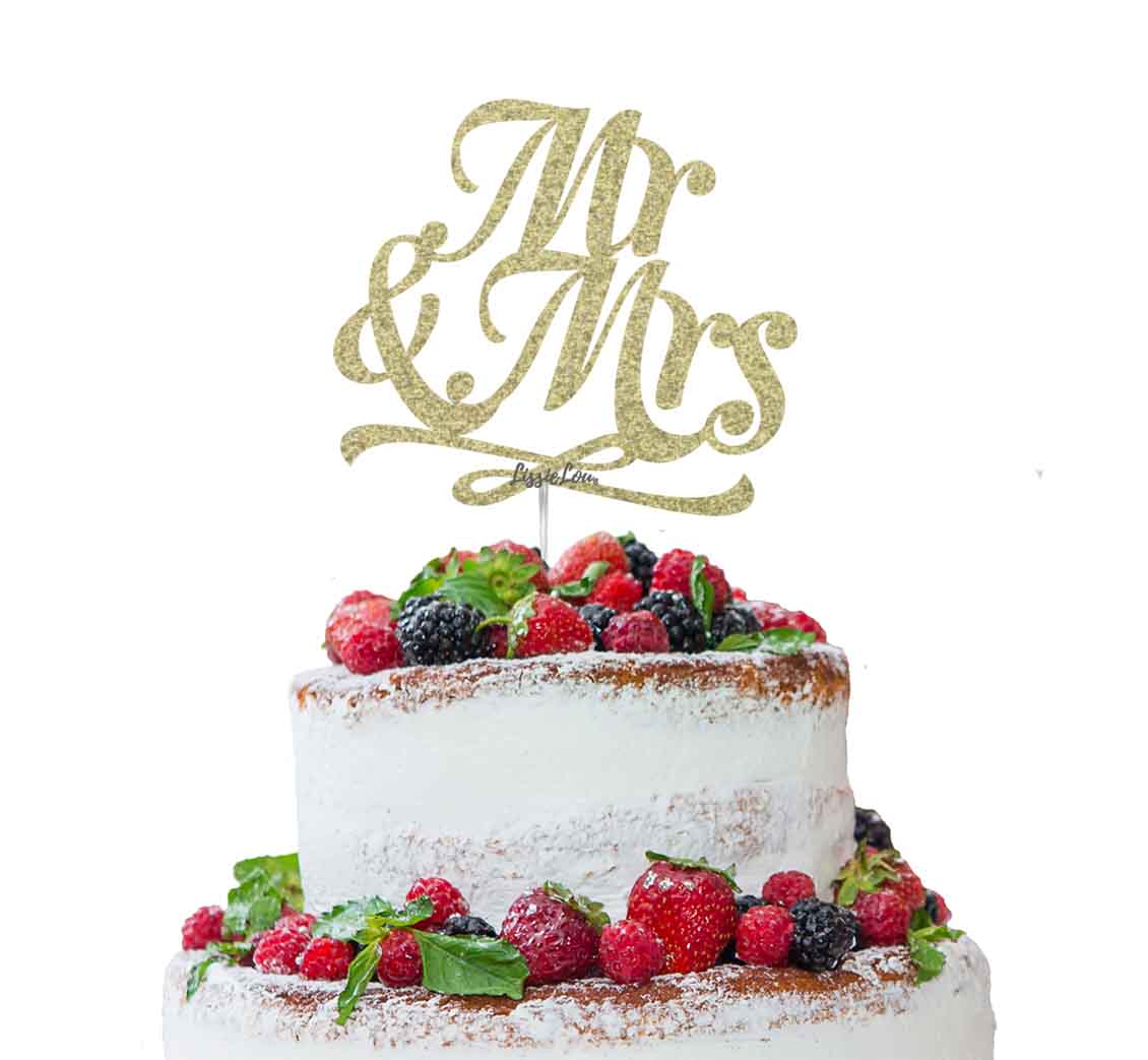 Mr and Mrs Swirly Cake Topper Glitter Card Gold