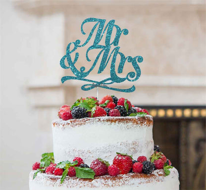 Mr and Mrs Swirly Cake Topper Glitter Card Light Blue