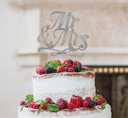 Mr and Mrs Swirly Cake Topper Glitter Card Silver