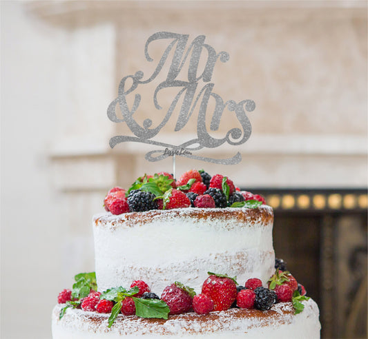 Mr and Mrs Swirly Cake Topper Glitter Card Silver