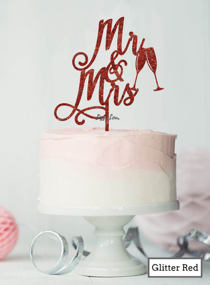 Mr and Mrs Pretty with Champagne Glasses Wedding Cake Topper Premium 3mm Acrylic Glitter Red