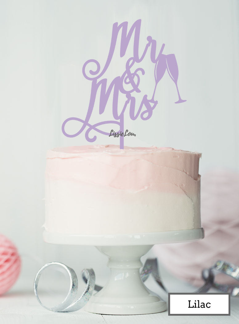 Mr and Mrs Pretty with Champagne Glasses Wedding Cake Topper Premium 3mm Acrylic Lilac