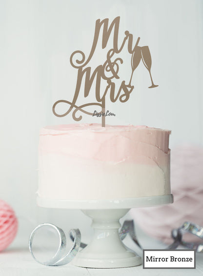 Mr and Mrs Pretty with Champagne Glasses Wedding Cake Topper Premium 3mm Acrylic Mirror Bronze