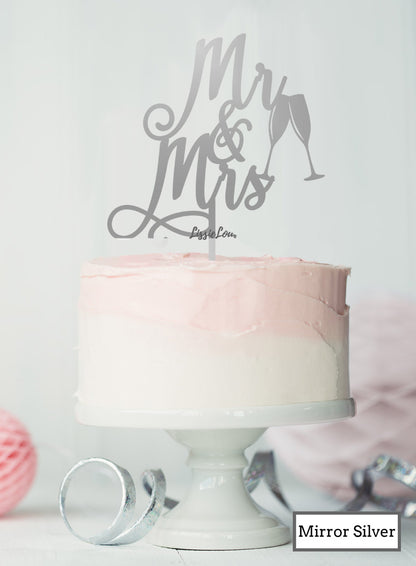 Mr and Mrs Pretty with Champagne Glasses Wedding Cake Topper Premium 3mm Acrylic Mirror Silver