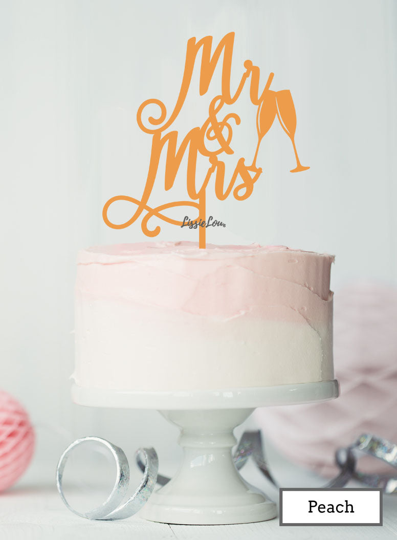 Mr and Mrs Pretty with Champagne Glasses Wedding Cake Topper Premium 3mm Acrylic Peach