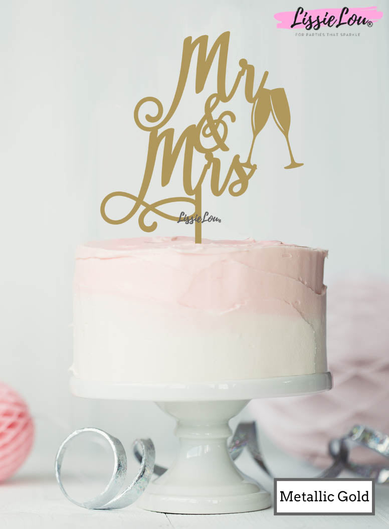 Mr and Mrs Pretty with Champagne Glasses Wedding Cake Topper Premium 3mm Acrylic Mirror Gold