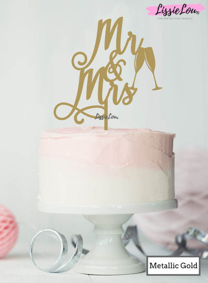 Mr and Mrs Pretty with Champagne Glasses Wedding Cake Topper Premium 3mm Acrylic Mirror Gold