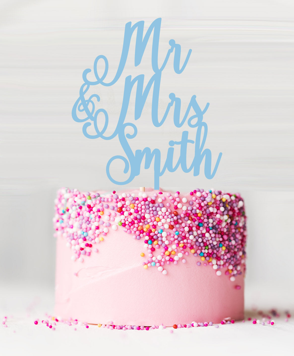 Custom Mr and Mrs Pretty Wedding Acrylic Cake Topper Candy Floss Blue