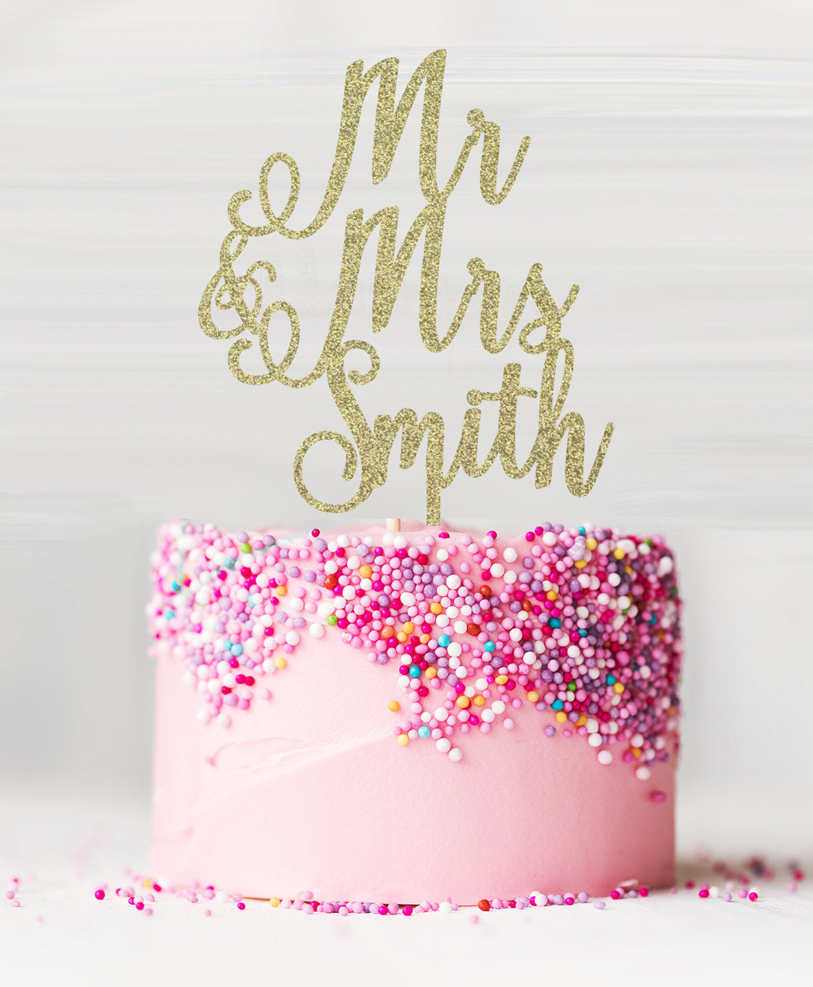 Custom Mr and Mrs Pretty Wedding Acrylic Cake Topper Glitter Gold