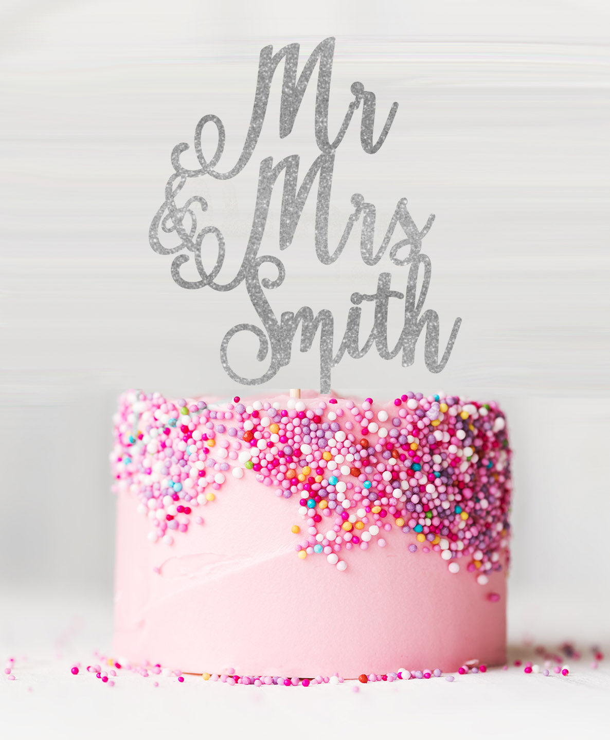 Custom Mr and Mrs Pretty Wedding Acrylic Cake Topper Glitter Silver