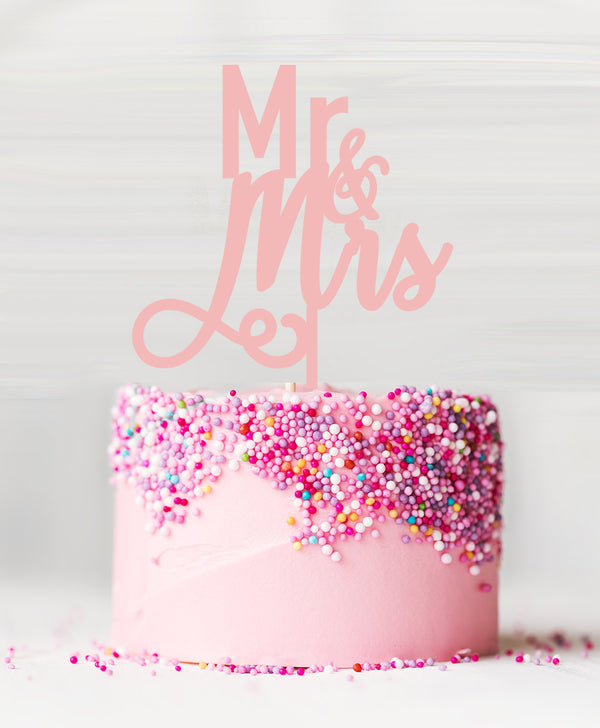 Mr and Mrs Pretty Wedding Acrylic Cake Topper Baby Pink