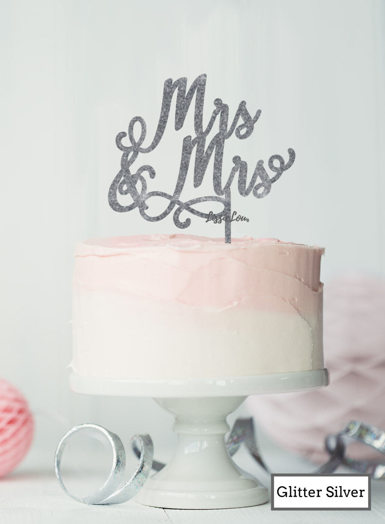 Mrs and Mrs Pretty Same Sex Wedding Cake Topper Premium 3mm Acrylic Glitter Silver