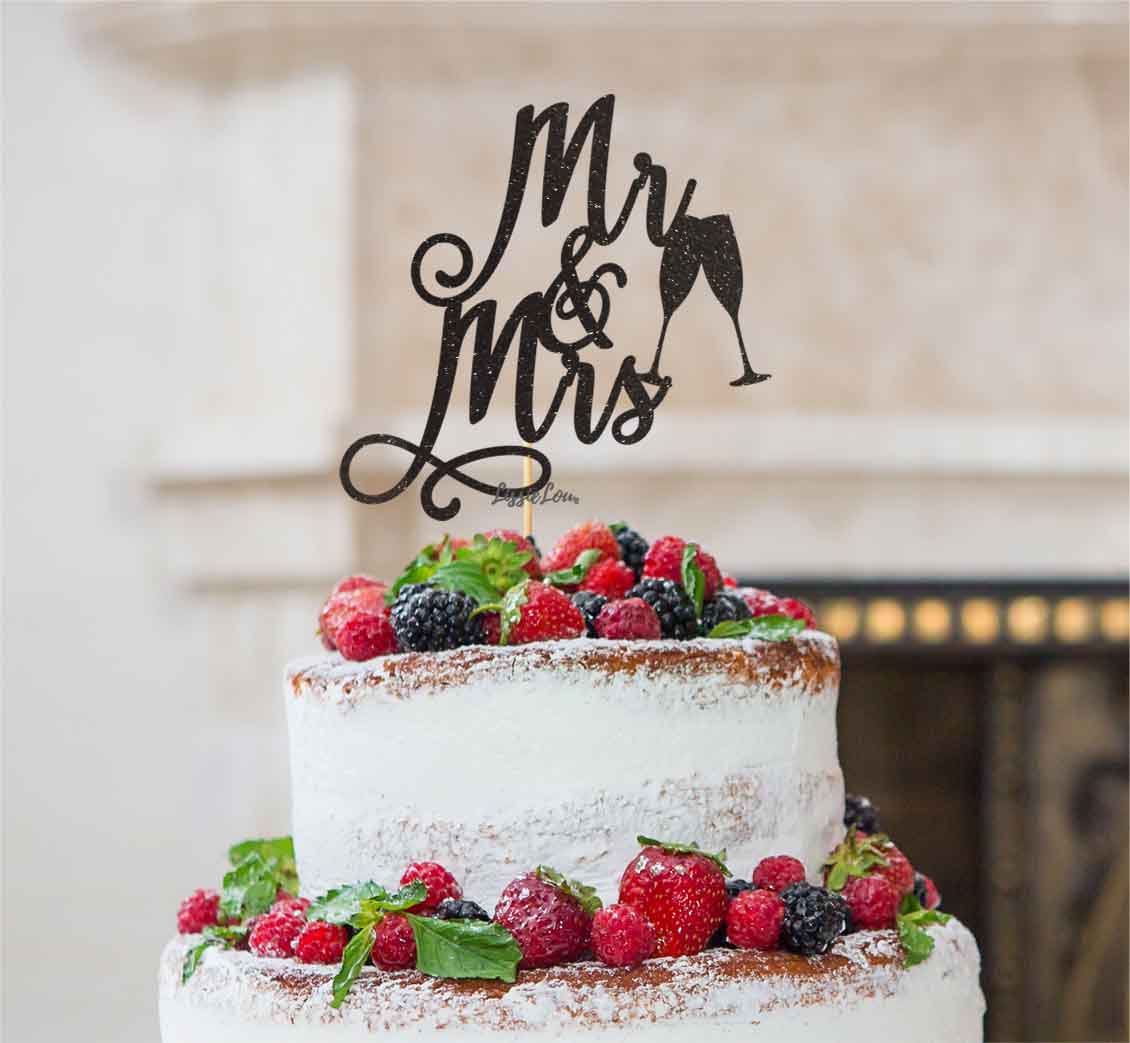 Mr and Mrs Swirly with Champagne Glasses Cake Topper Glitter Card Black