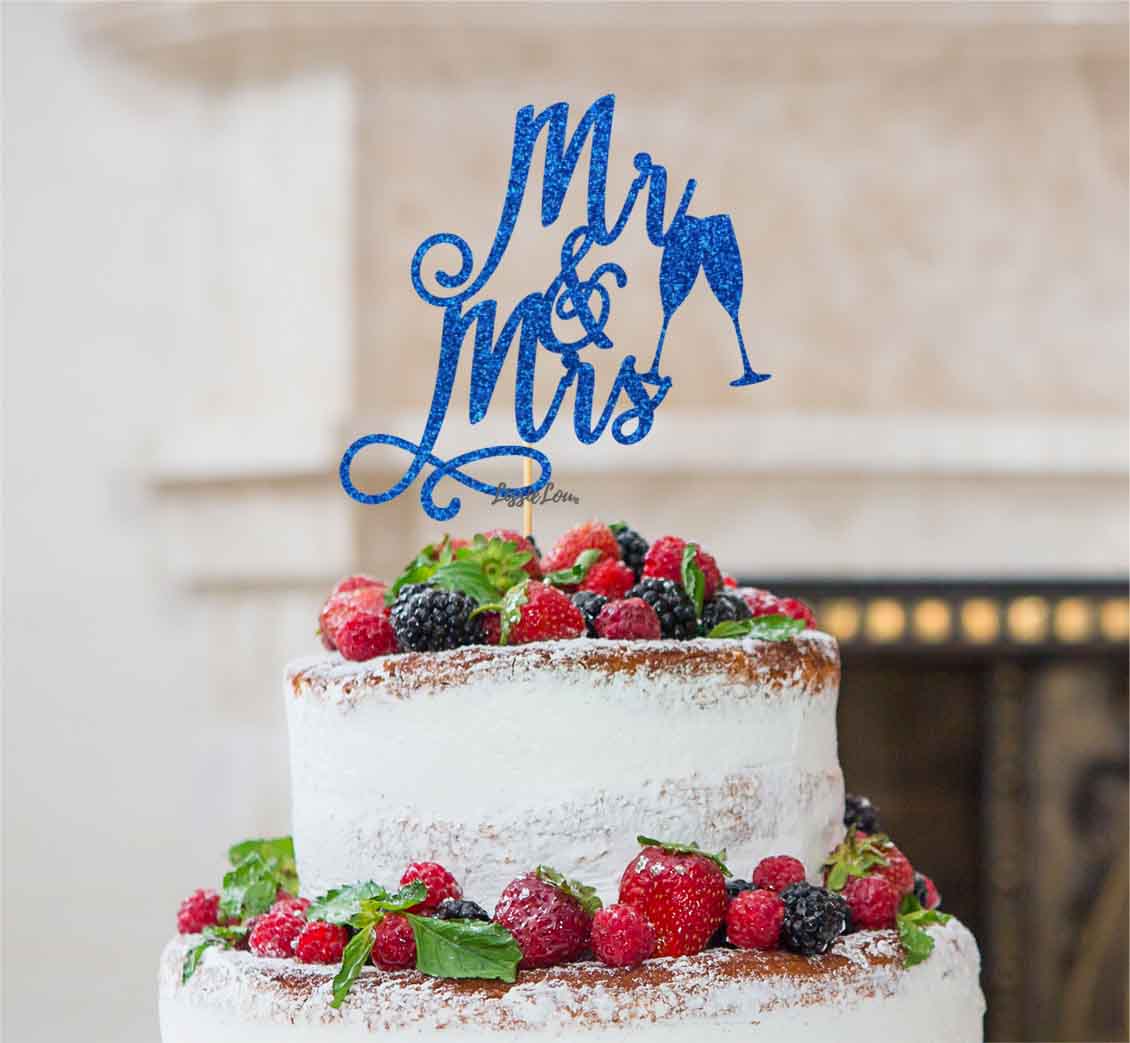 Mr and Mrs Swirly with Champagne Glasses Cake Topper Glitter Card Dark Blue