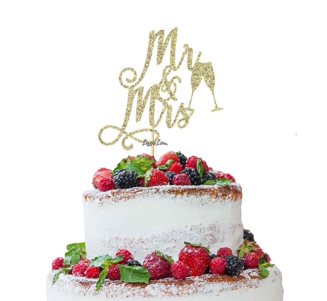 Mr and Mrs Swirly with Champagne Glasses Cake Topper Glitter Card Gold