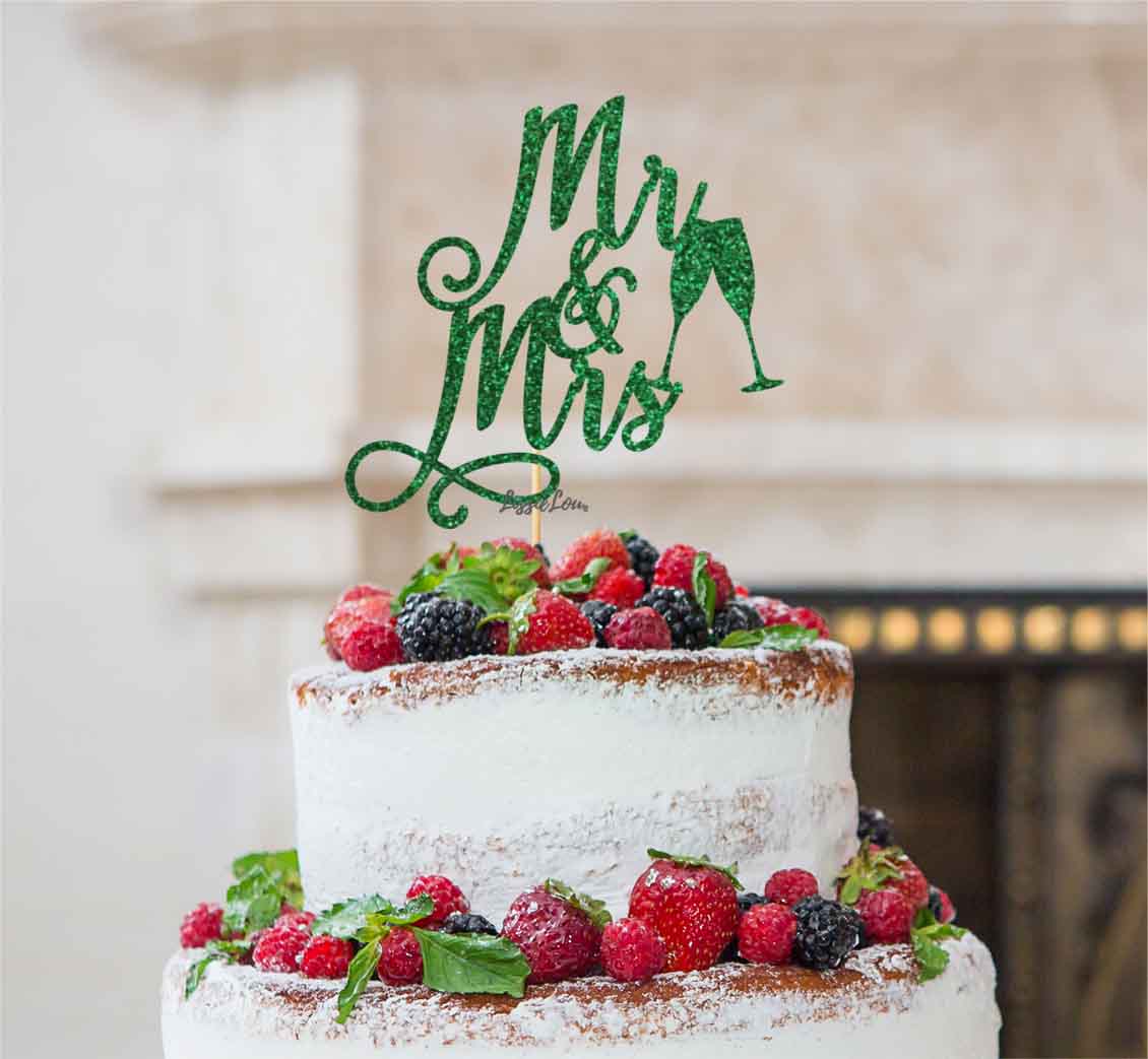Mr and Mrs Swirly with Champagne Glasses Cake Topper Glitter Card Green
