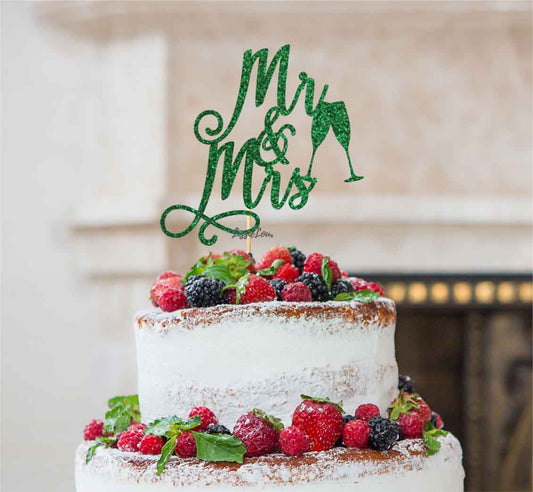 Mr and Mrs Swirly with Champagne Glasses Cake Topper Glitter Card Green