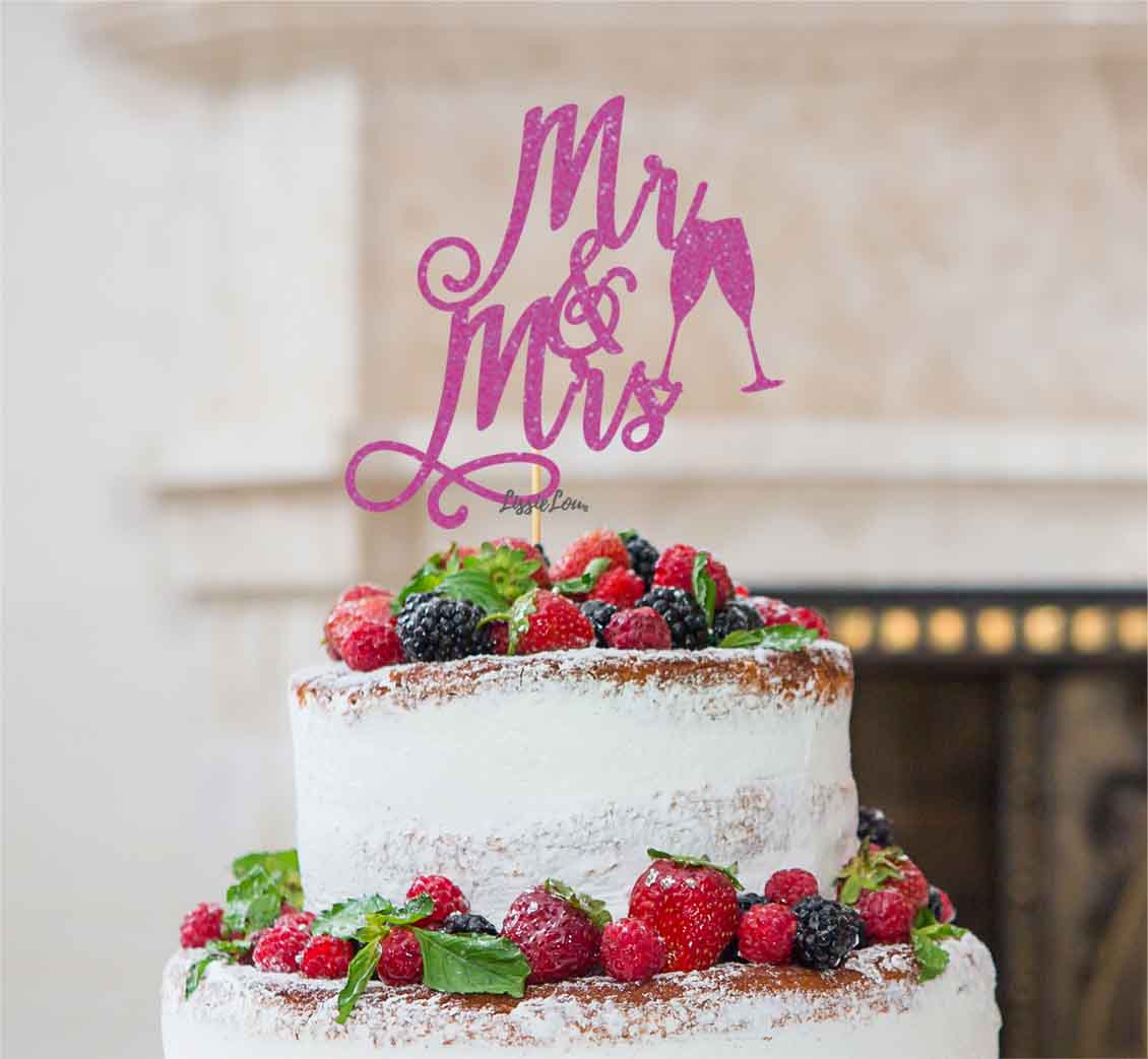 Mr and Mrs Swirly with Champagne Glasses Cake Topper Glitter Card Hot Pink