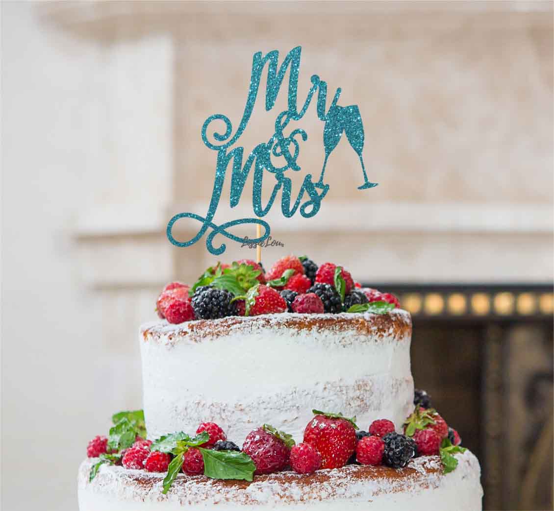 Mr and Mrs Swirly with Champagne Glasses Cake Topper Glitter Card Light Blue
