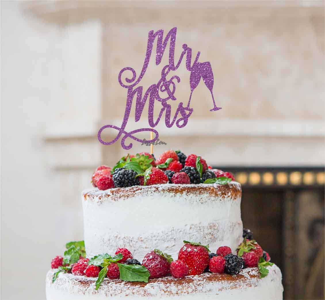 Mr and Mrs Swirly with Champagne Glasses Cake Topper Glitter Card Light Purple