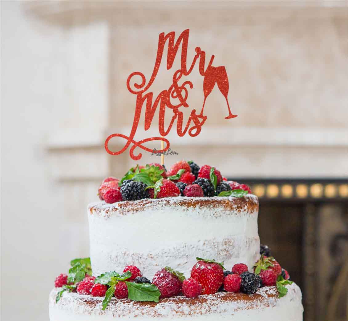 Mr and Mrs Swirly with Champagne Glasses Cake Topper Glitter Card Red