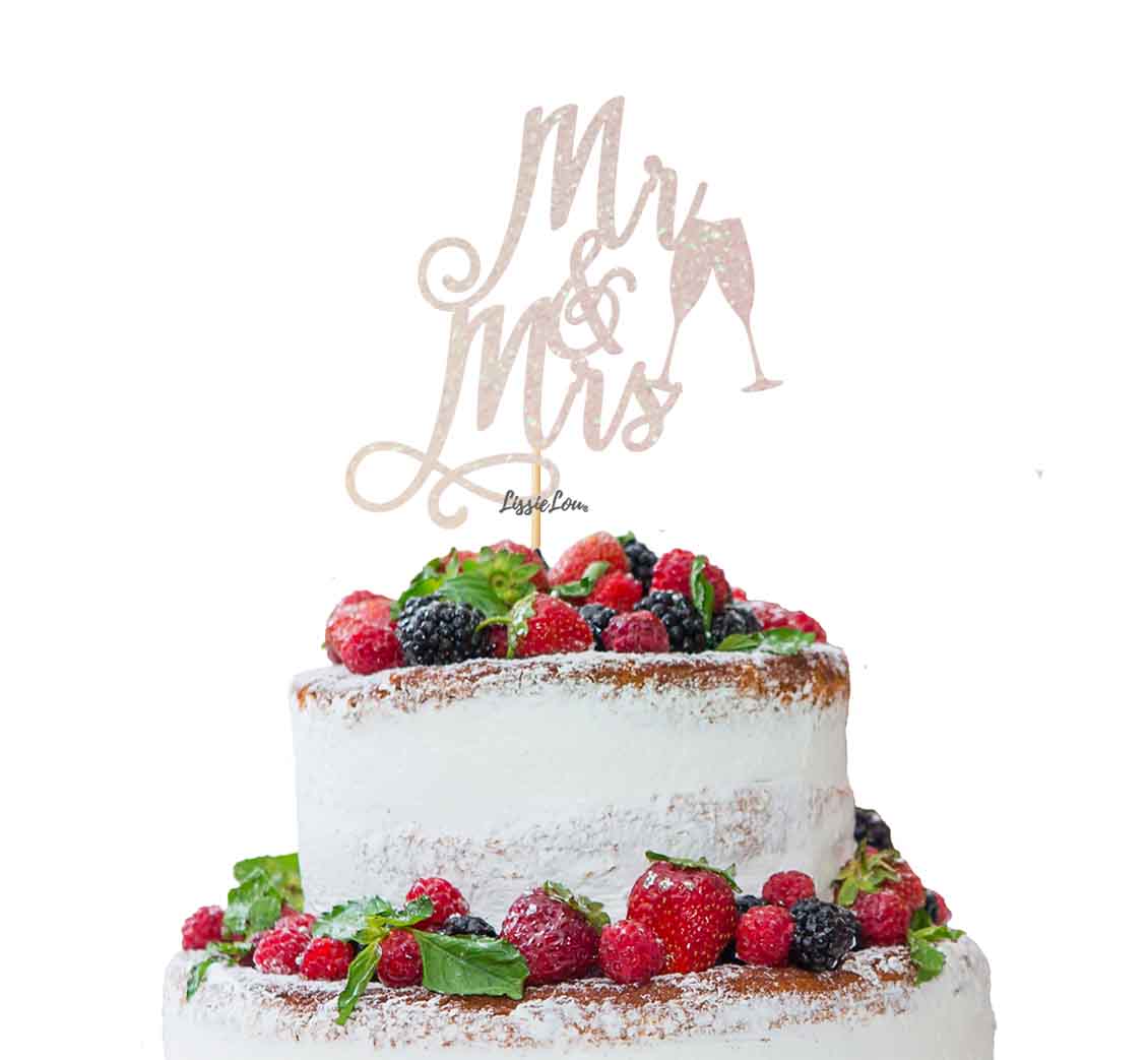 Mr and Mrs Swirly with Champagne Glasses Cake Topper Glitter Card White