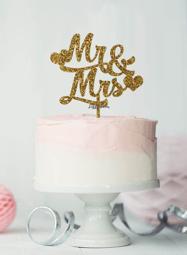 Mr and Mrs Wedding Cake Topper with Hearts Premium 3mm Acrylic Glitter Gold