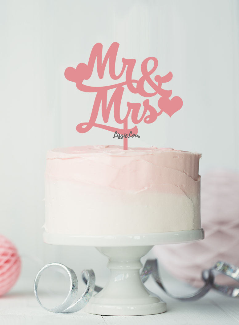 Mr and Mrs Wedding Cake Topper with Hearts Premium 3mm Acrylic Raspberry