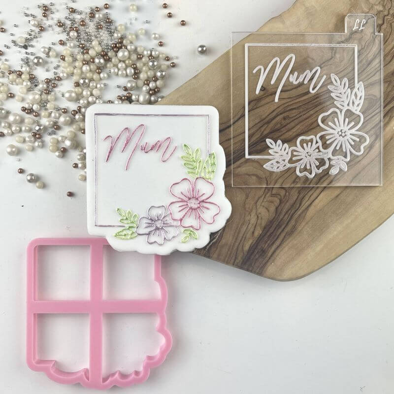 Mum in Square with Flowers Mother's Day Cookie Cutter and Embosser