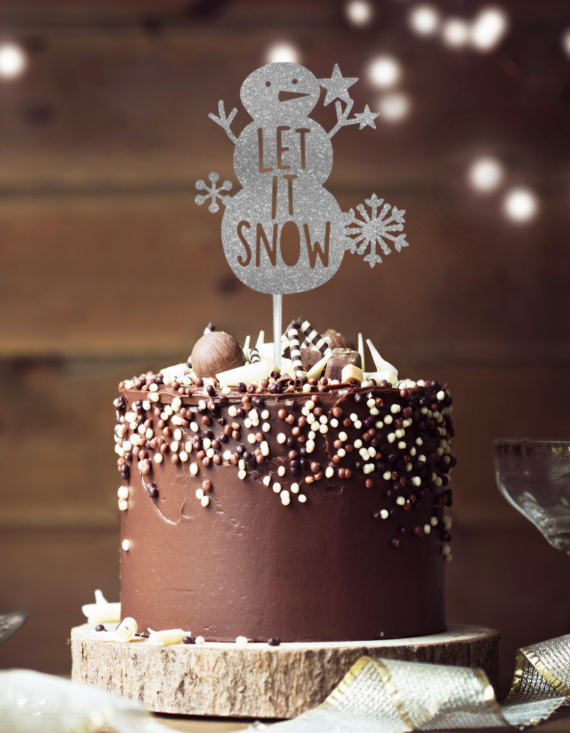 Snowman Let it Snow Cake Topper Glitter Card Silver