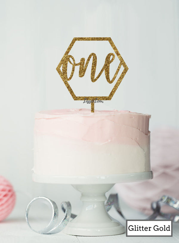 Hexagon Number One Cake Topper Premium 3mm Acrylic Glitter Gold