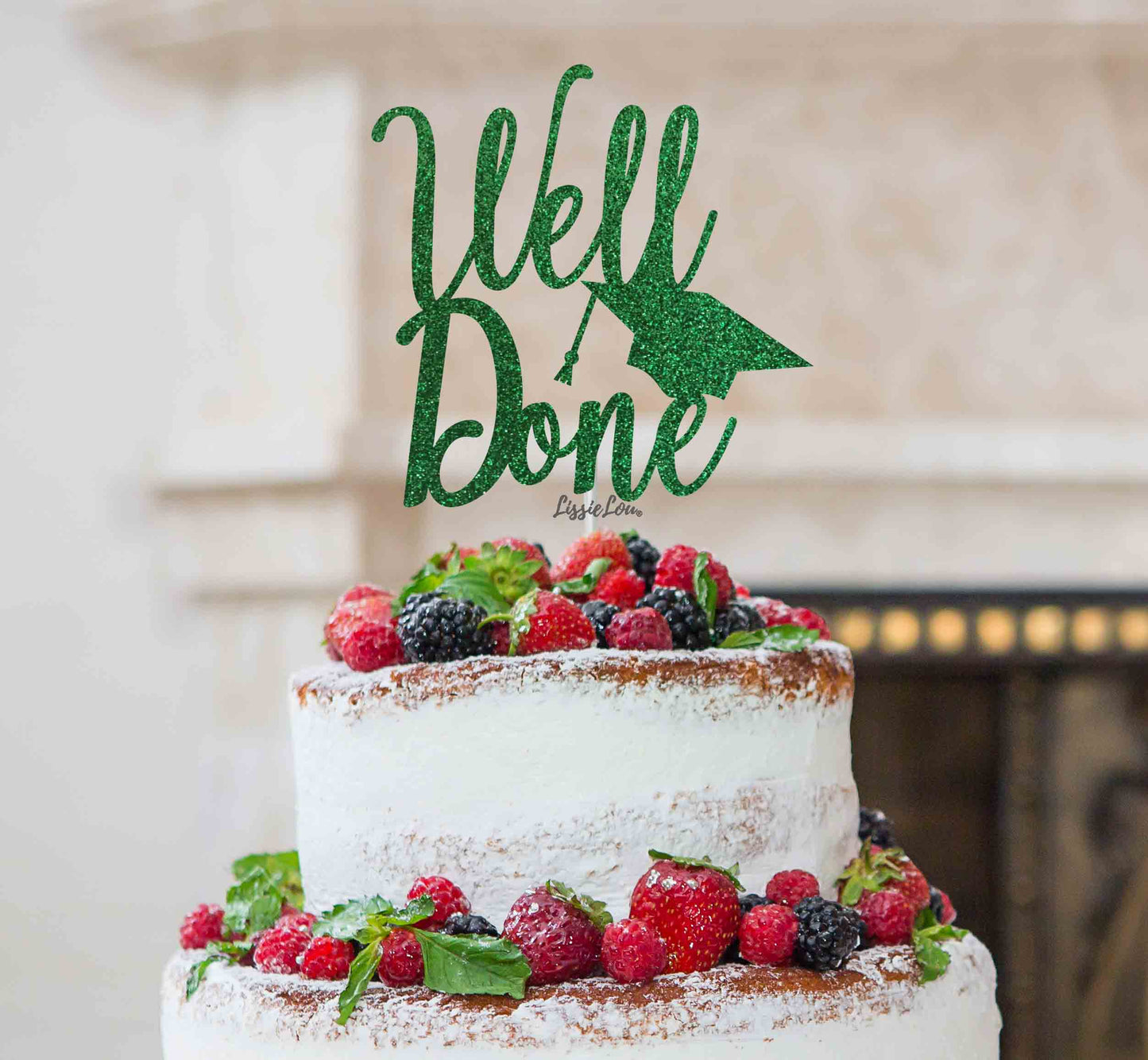 Well Done with Grad Hat Cake Topper Glitter Card Green