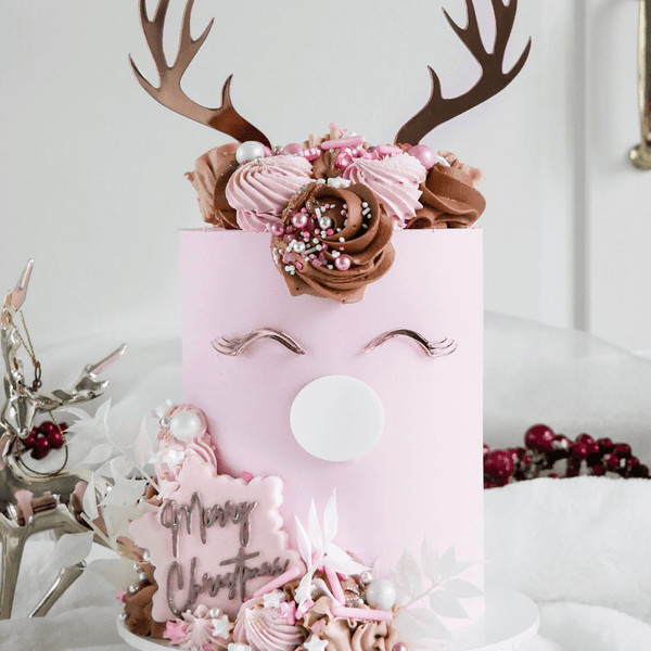 Modern Rudolf Antler Set Christmas Cake Topper Premium 3mm Acrylic - Mirror Rose Gold and White