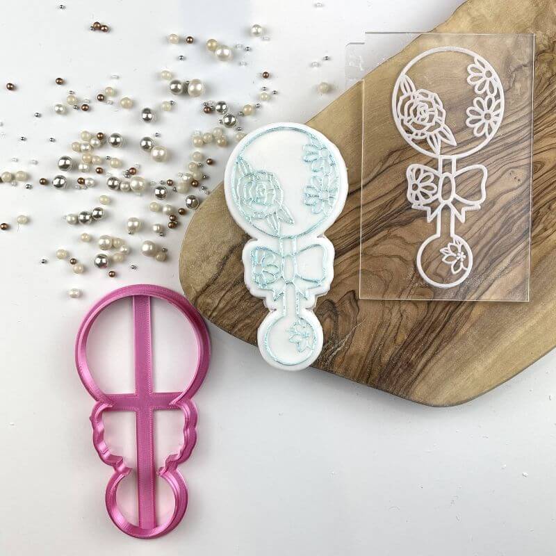 Pretty Flower Baby Rattle Baby Shower Cookie Cutter and Embosser