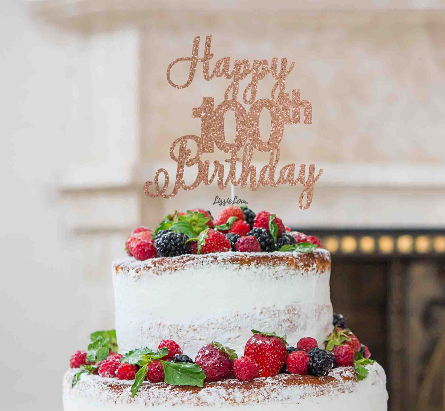 Happy 100th Birthday Pretty Cake Topper Glitter Card Rose Gold
