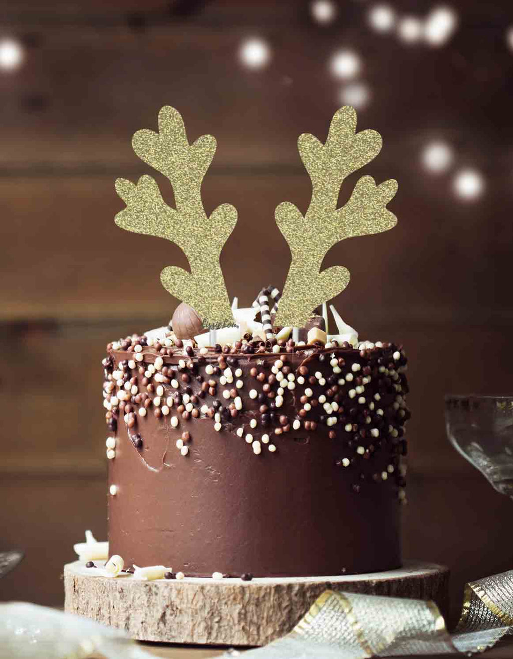 Reindeer Antlers Christmas Cake Topper Glitter Card Gold